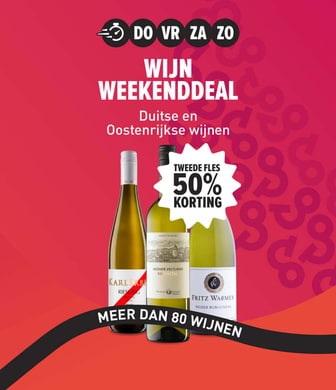 Weekenddeal duitse en ooostenrijkse wijnen tweede fles 50% korting